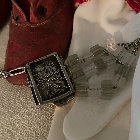 Artisan Pewter/Silver Necklace, with lucite blocks, stone in gold metal, 26” - Picture 6 of 6